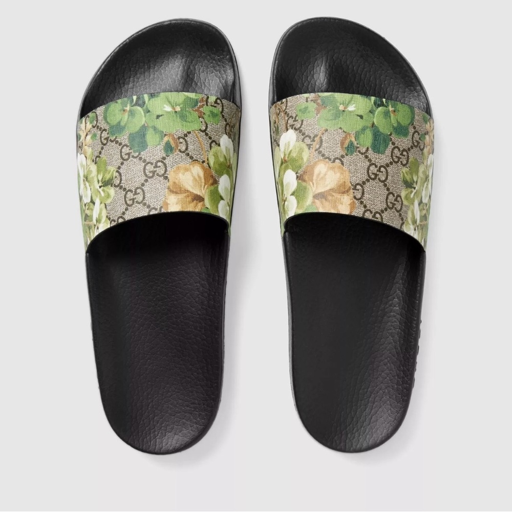 Gucci Black and Green Floral Slide Sandals